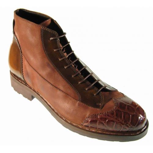 Mauri Brown Genuine Body Alligator / Calfskin Wingtip Ankle Boots.